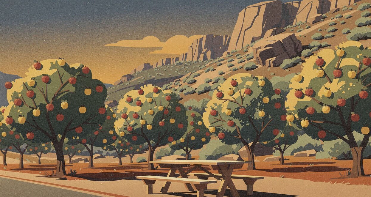Apple trees and a picnic table at Casa Solano Orchards on Potato Canyon Road