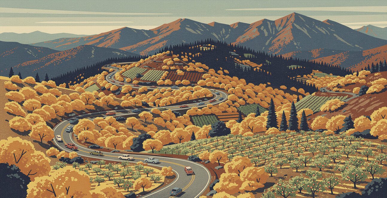 Oak Glen Road winding through apple orchards and oaks in fall