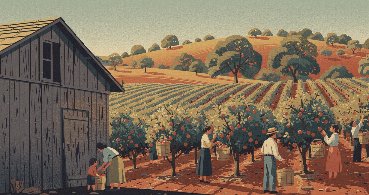 Families picking apples beside the old packing shed at Los Rios Rancho in Oak Glen