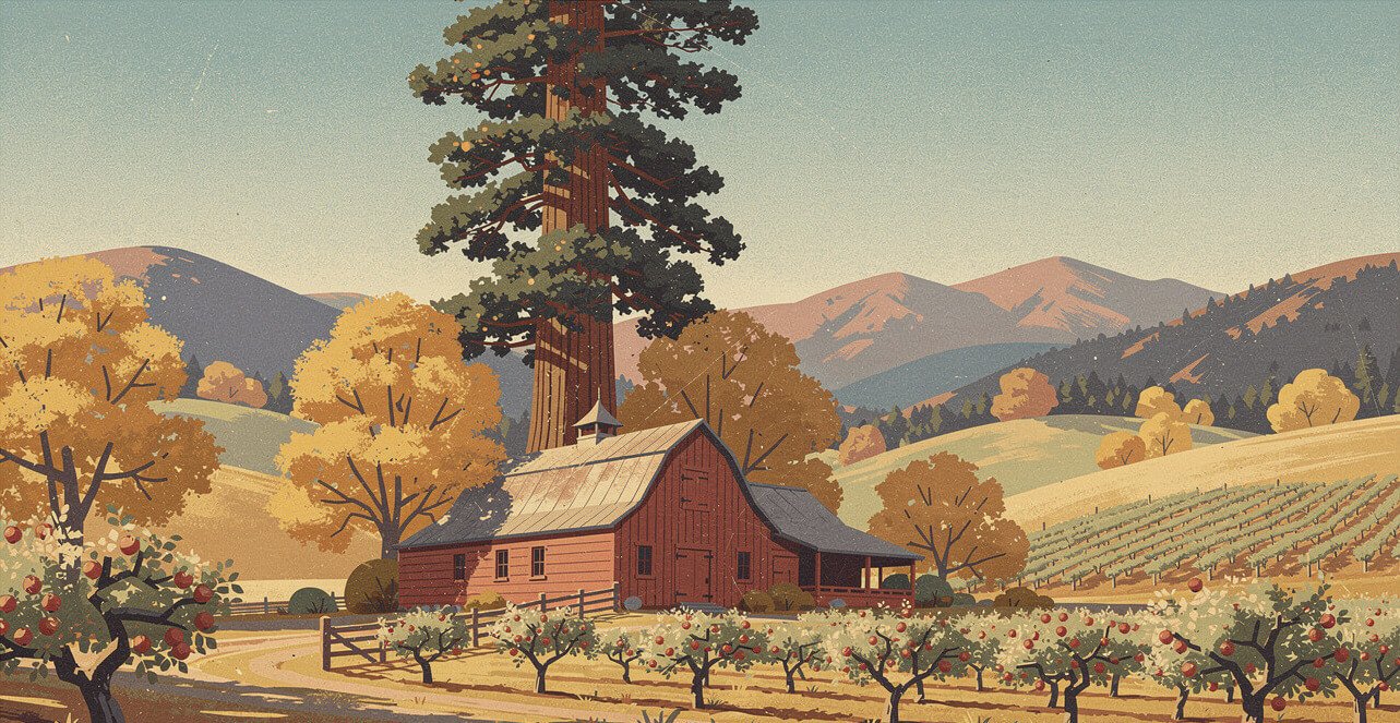 Parrish Pioneer Ranch barn and sequoia above the apple orchard in Oak Glen