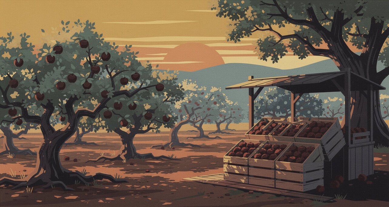 Heirloom apple trees and crates of pre-picked apples at Stone Soup Farm