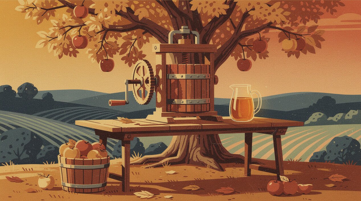 Hand-crank cider press with fresh apple cider at Stone Pantry Orchard