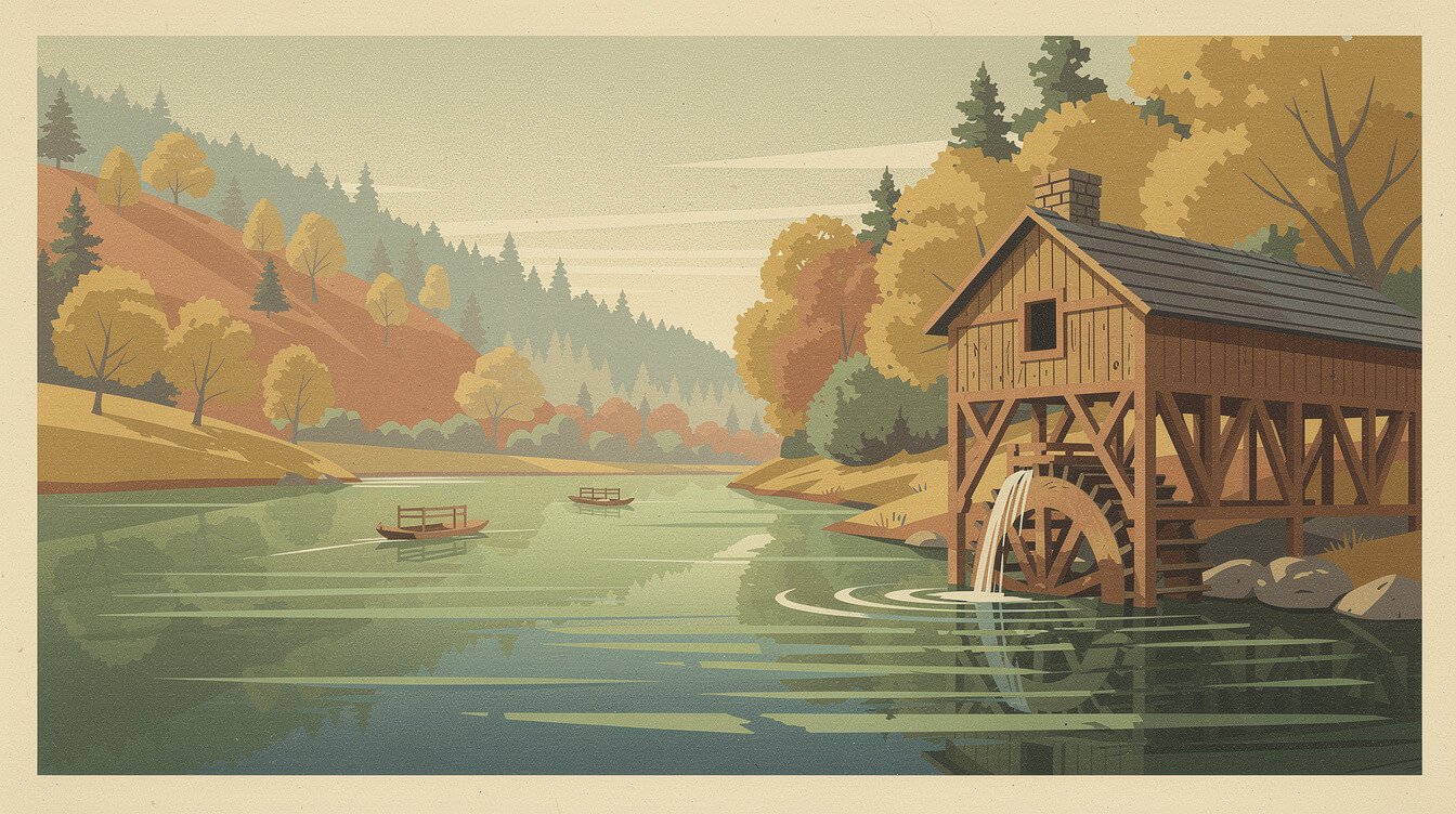 Water-powered sawmill on a foothill river in autumn, evoking Sutter's Mill at Coloma