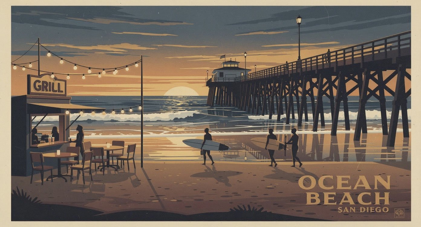Ocean Beach San Diego fish taco spot at sunset