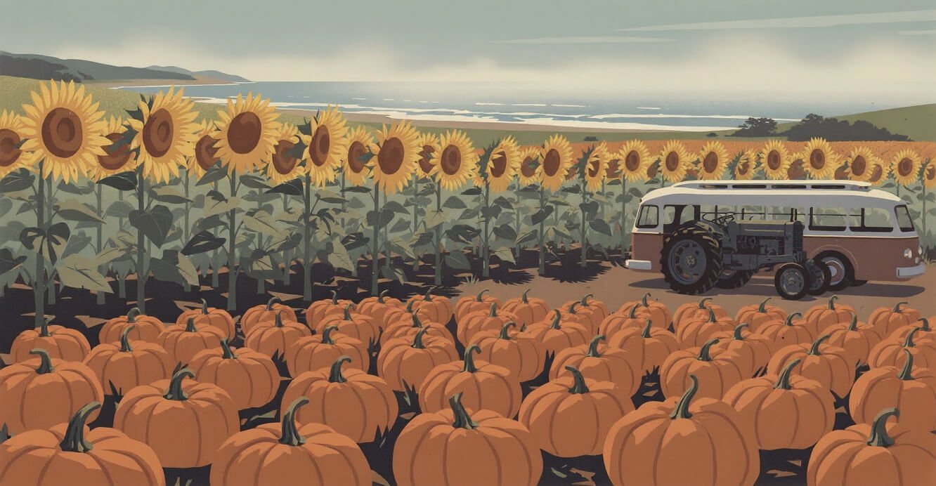 U-pick sunflowers, pumpkins, and an old trolley at Andreotti Family Farms in Half Moon Bay