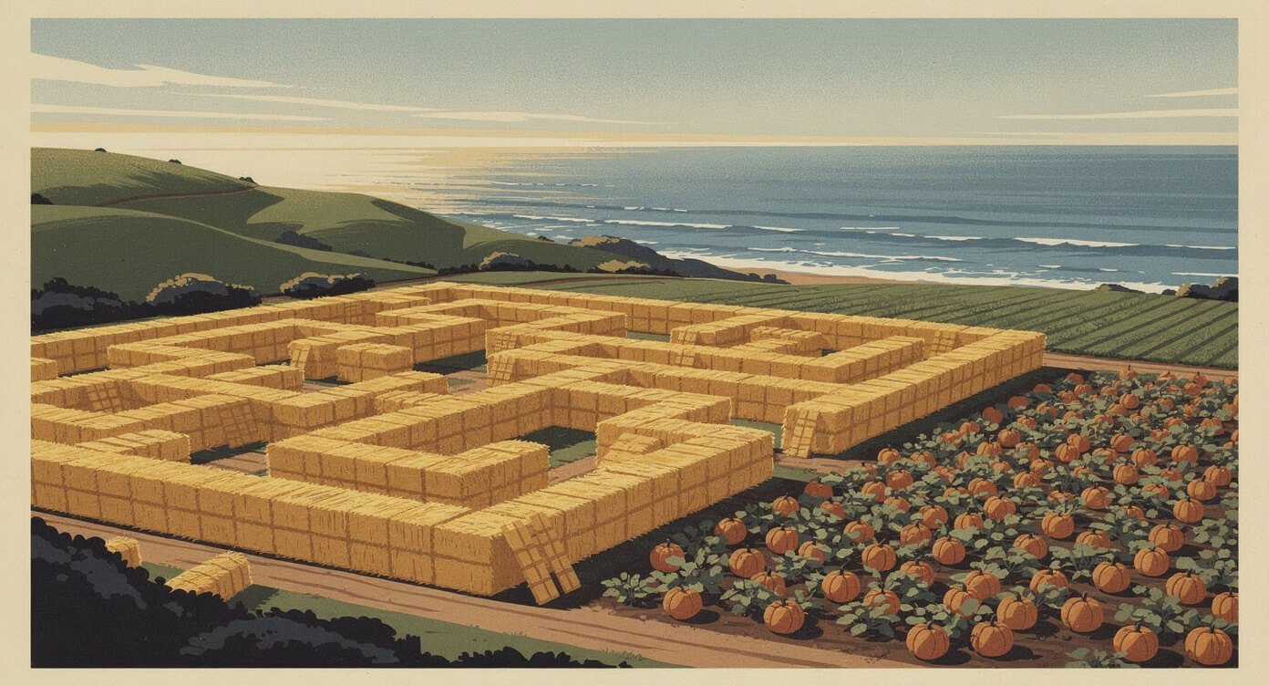 Hay bale maze beside a pumpkin field on the coast south of Half Moon Bay