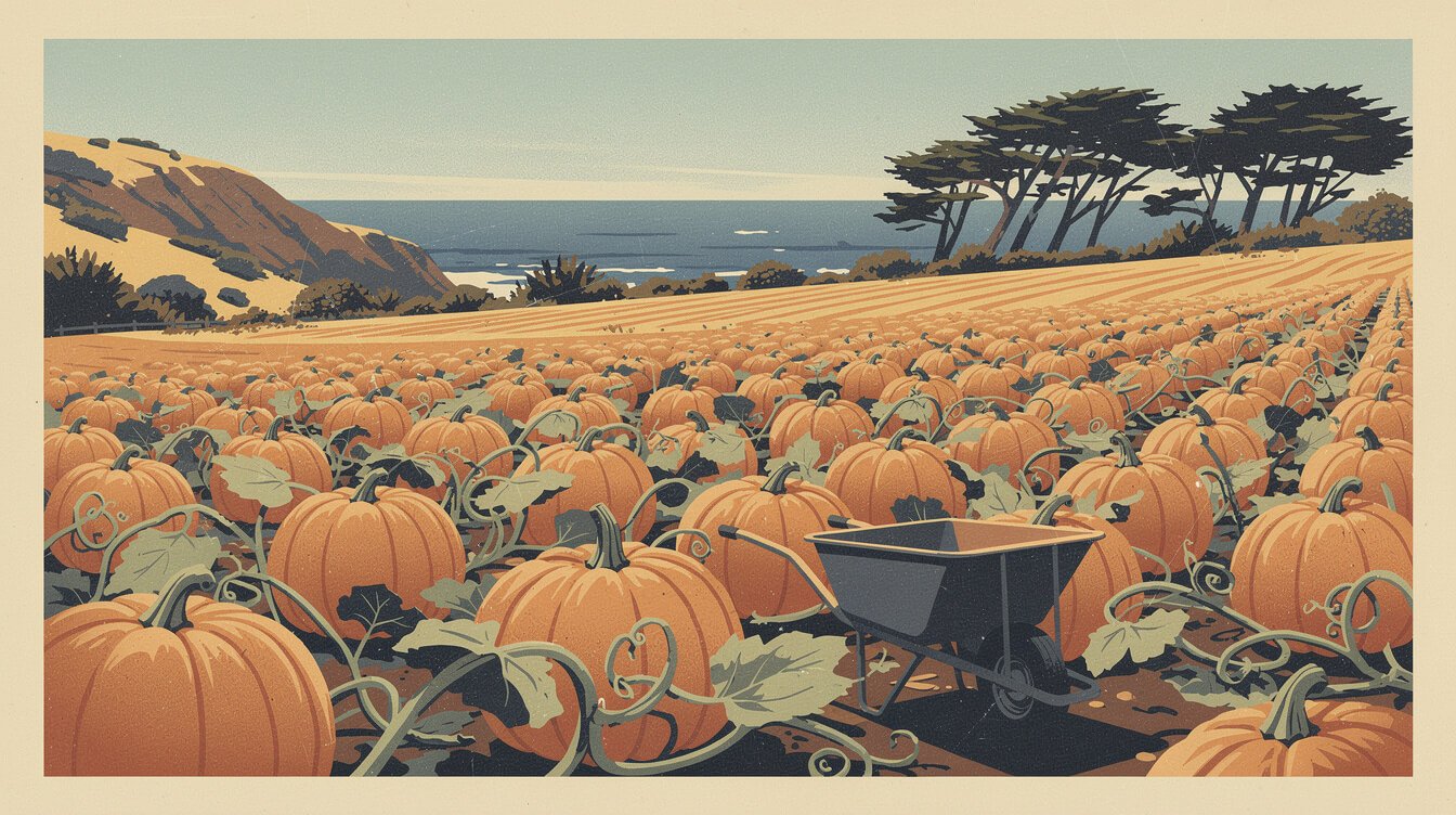 Open pumpkin field south of Half Moon Bay on Highway 1 with a wheelbarrow in the rows