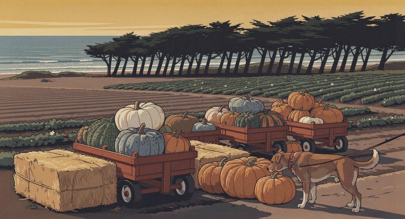 Red wagons of heirloom pumpkins at Farmer John's Pumpkin Farm on Highway 1 in Half Moon Bay
