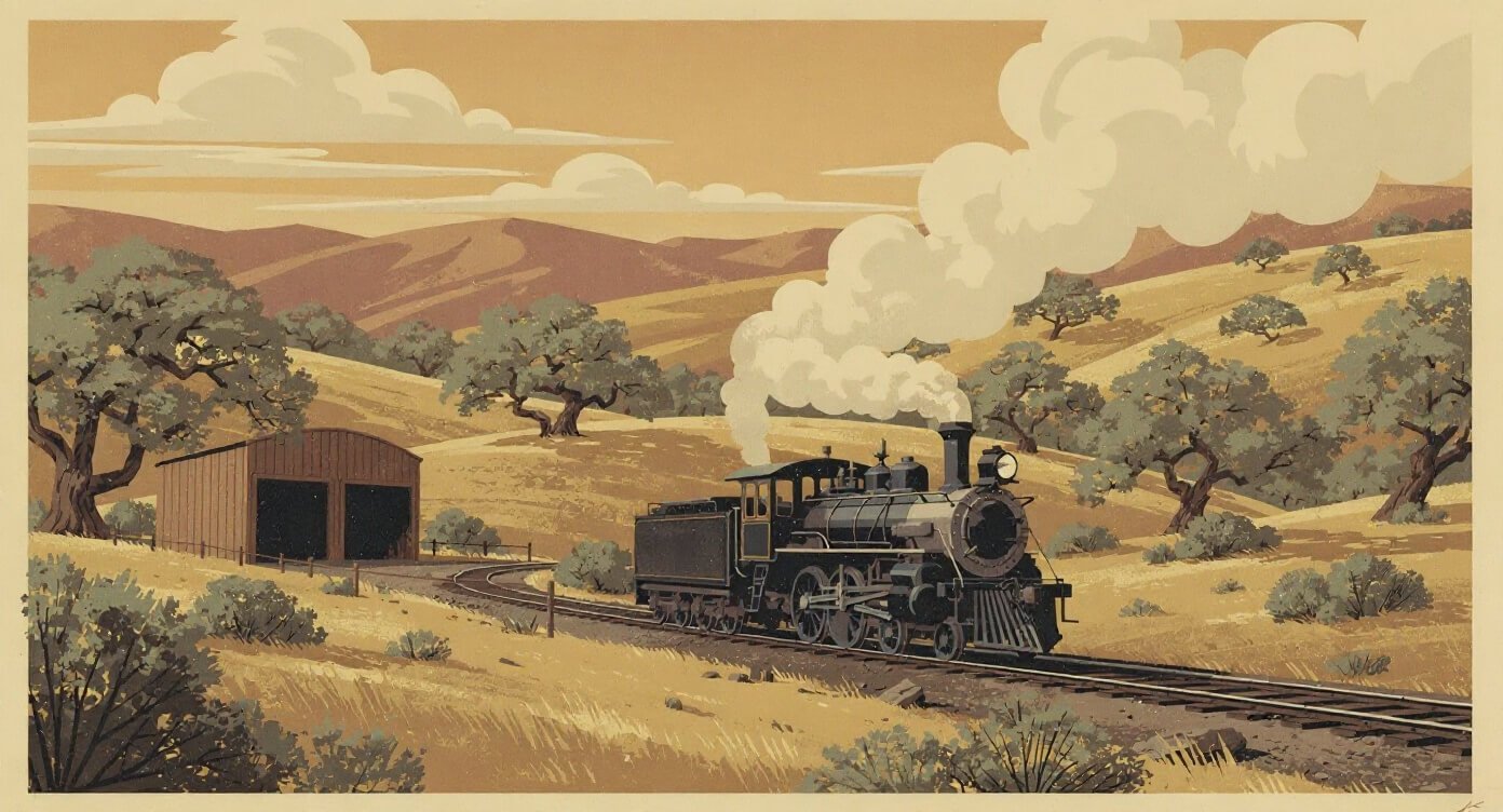 Vintage steam locomotive in the oak foothills near Railtown 1897 in Jamestown
