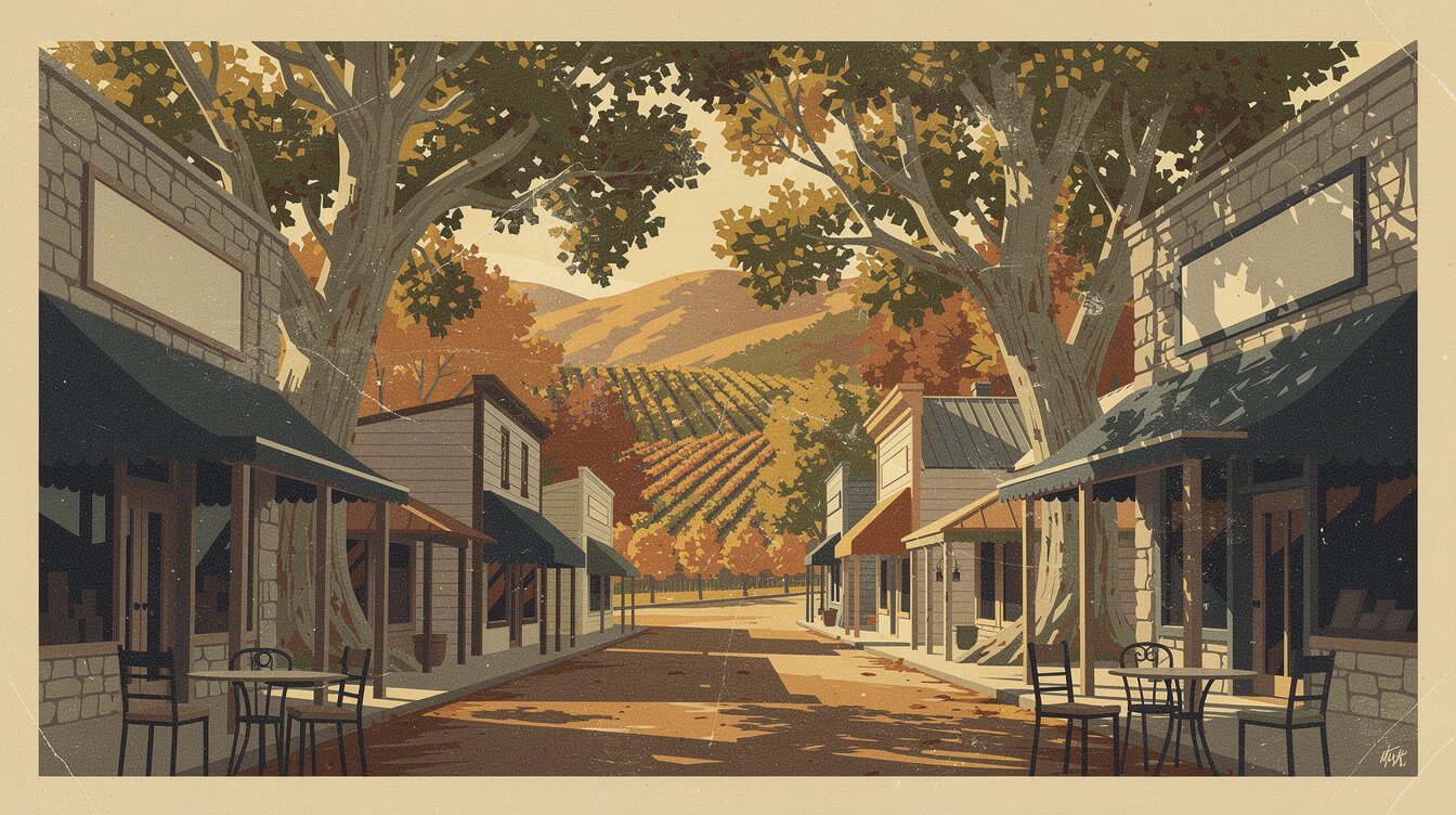 Murphys Main Street under sycamore trees with vineyards in the Calaveras County foothills