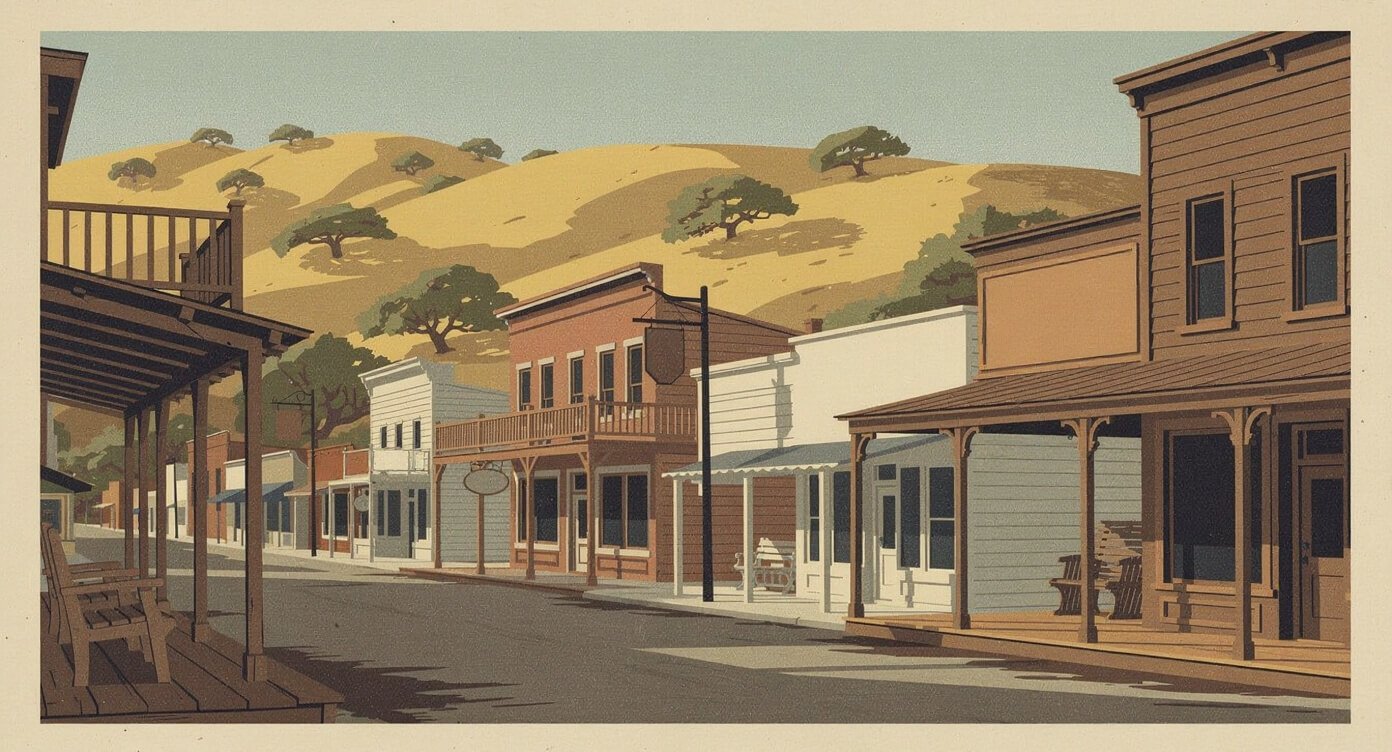 Sutter Creek Main Street with covered wooden sidewalks and oak-covered hills on Old Highway 49