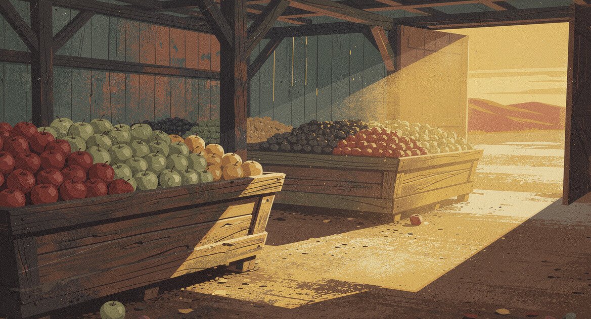 Wooden bins of Apple Hill apples inside an old farm barn