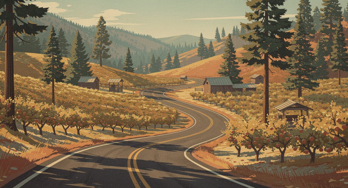 Carson Road winding through Apple Hill orchards and ponderosa pines in Camino