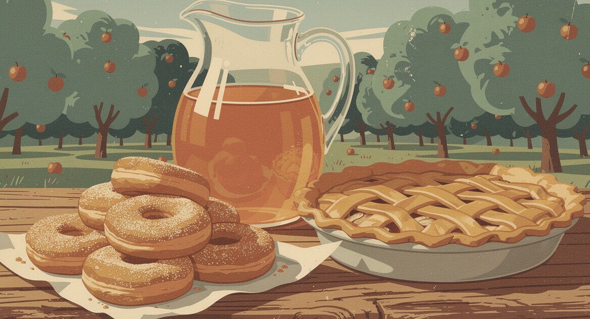 Apple cider doughnuts, fresh cider, and apple pie at an Apple Hill farm