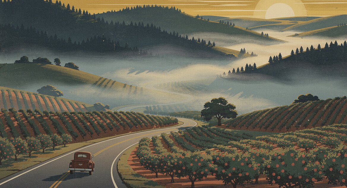 Early morning mist over Apple Hill farms before the weekend traffic