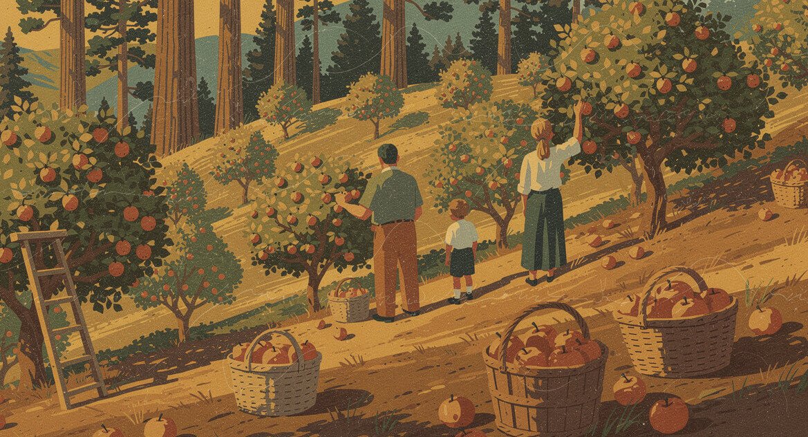 A family picking apples at a u-pick orchard on Apple Hill
