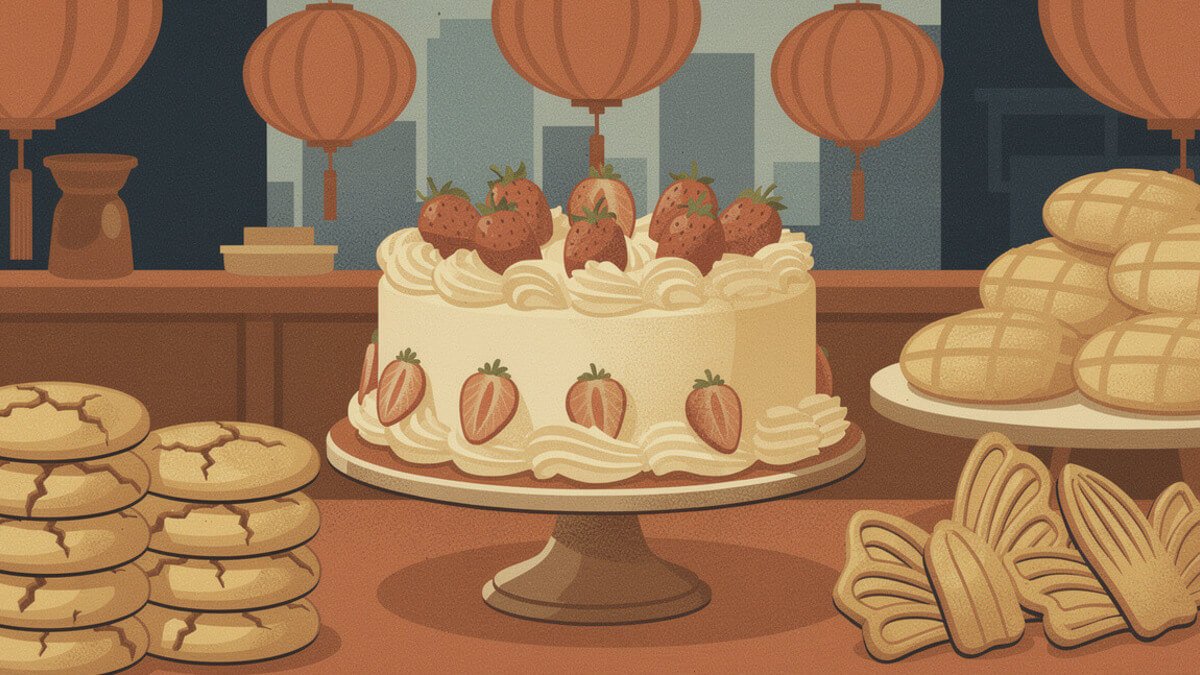 A strawberry whipped cream cake, almond cookies, butterfly cookies, and melon pan in a Chinatown bakery