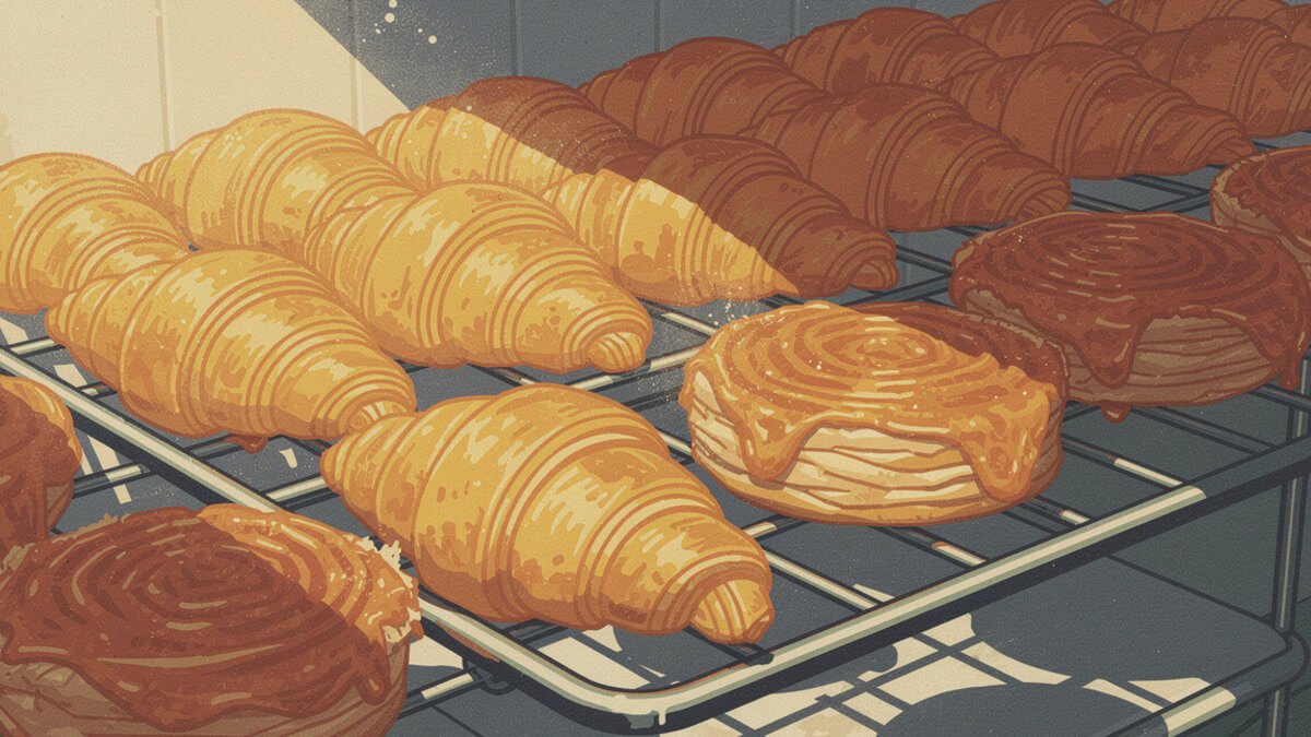 Croissants and kouign-amann cooling on a rack in a Los Angeles bakery kitchen
