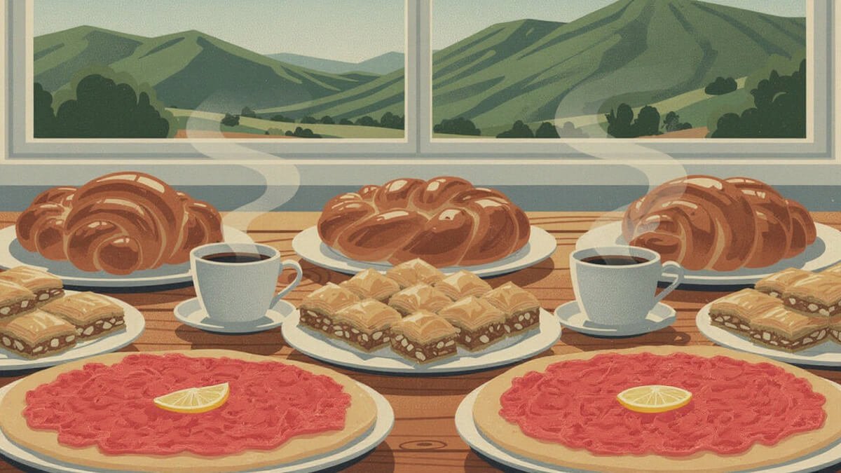 Lahmajun, braided choreg, and baklava with coffee, the Verdugo Mountains behind, in Glendale