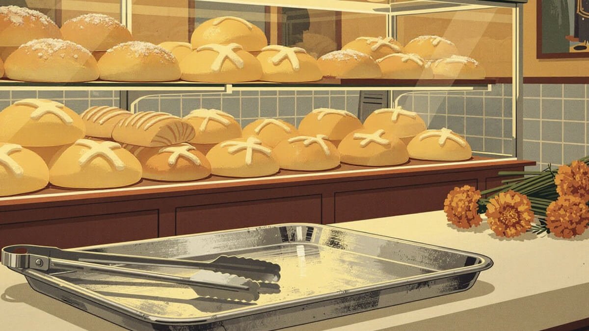 A tray and tongs in front of pan de muerto and conchas at an East LA panadería, with marigolds on the counter
