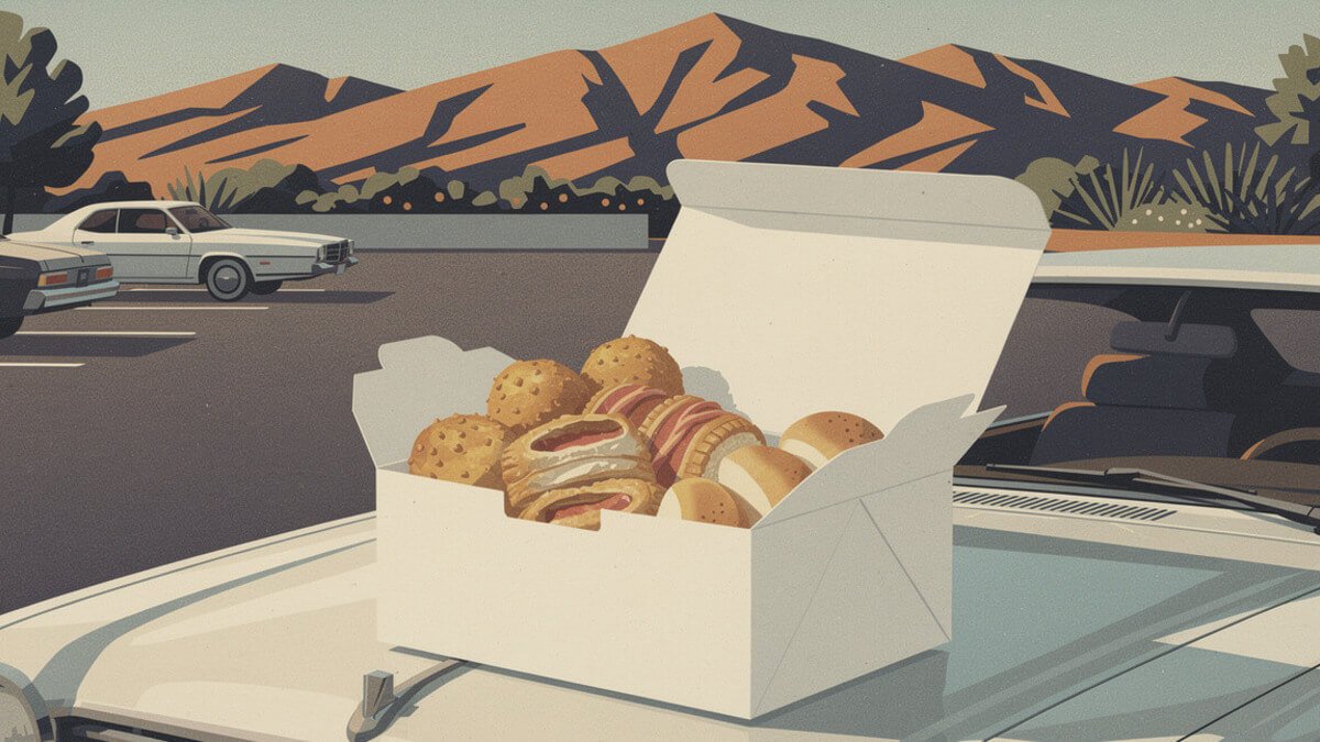 A box of potato balls, guava pastries, and cheese rolls on a car hood in a Burbank parking lot