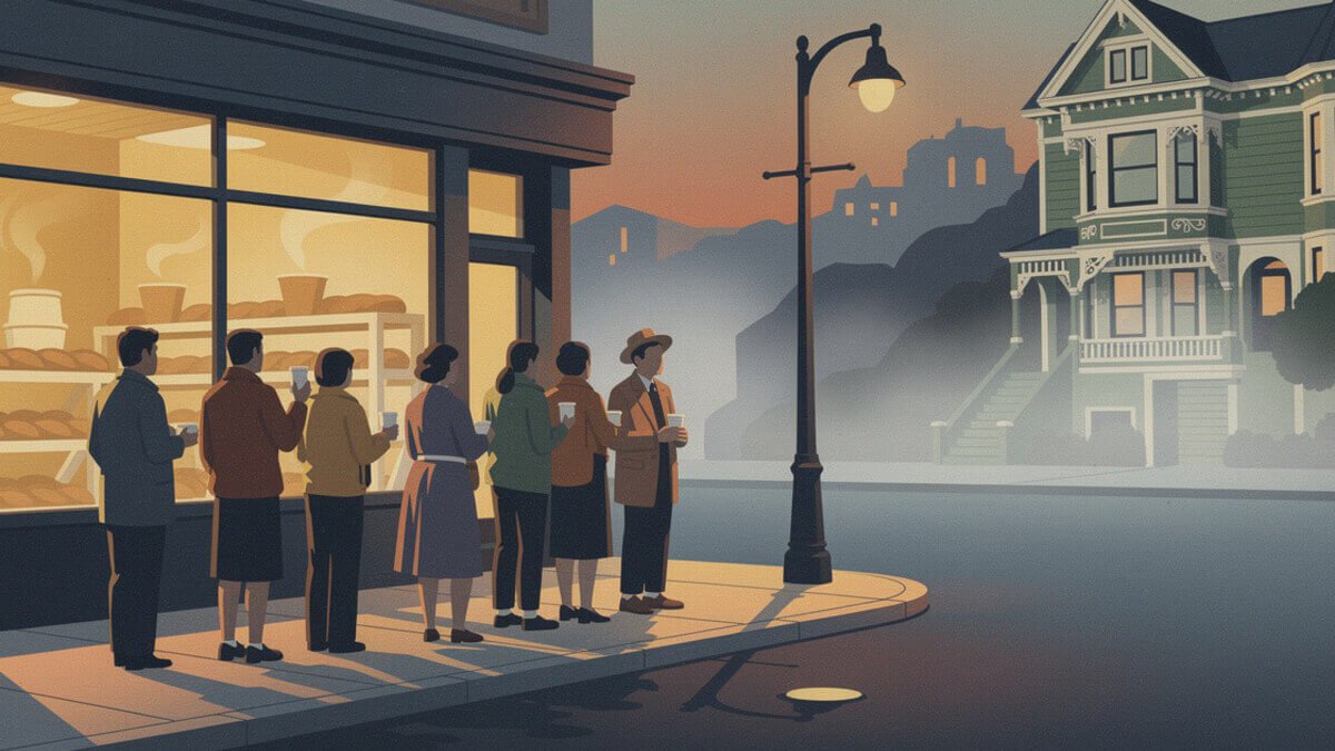 A short morning line outside a San Francisco corner bakery in the fog