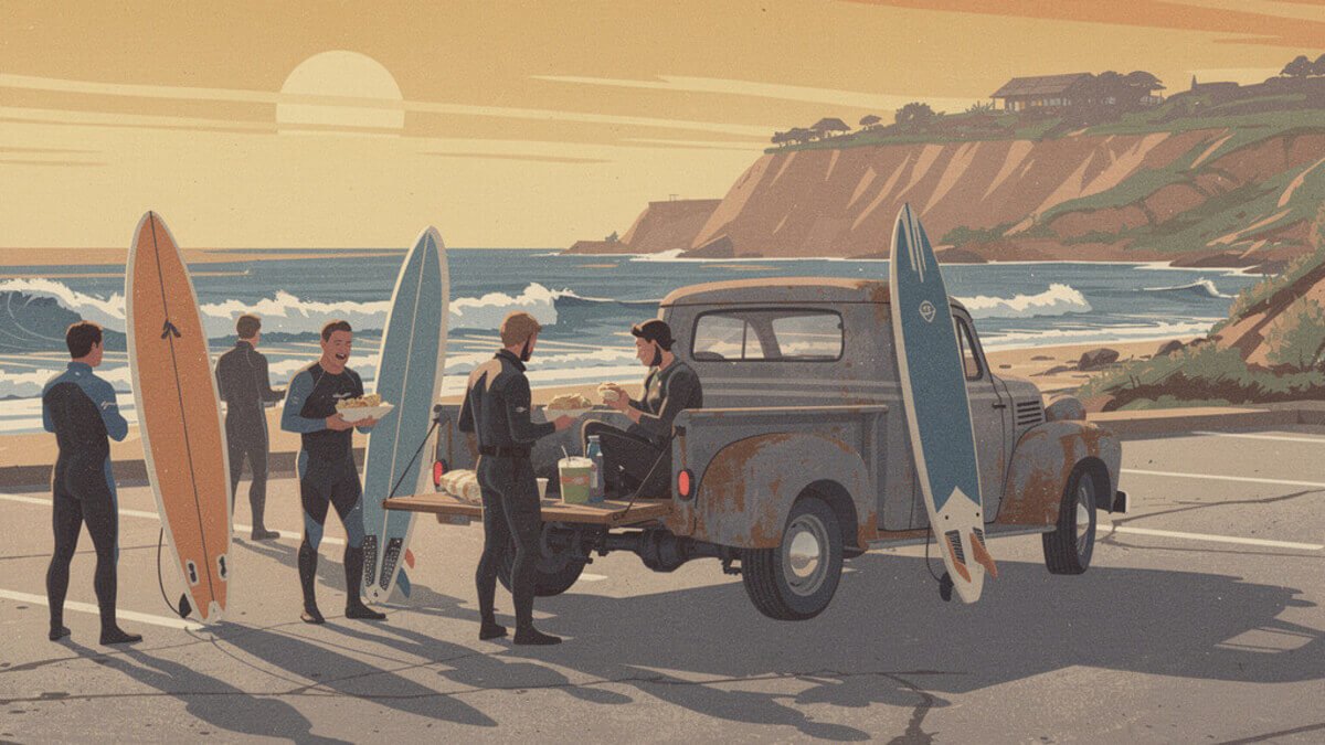 Surfers eating breakfast burritos on a truck tailgate above a San Diego surf break at sunrise