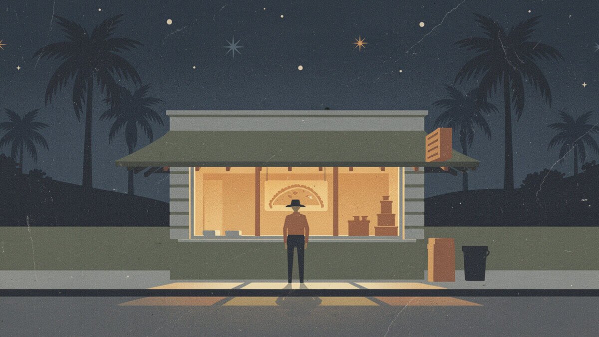 Illustrated walk-up taco shop window glowing at night under palm trees