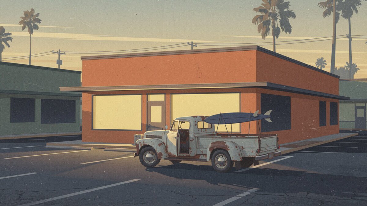 Illustrated San Diego strip-mall taco shop at dawn with a surfboard on a pickup truck