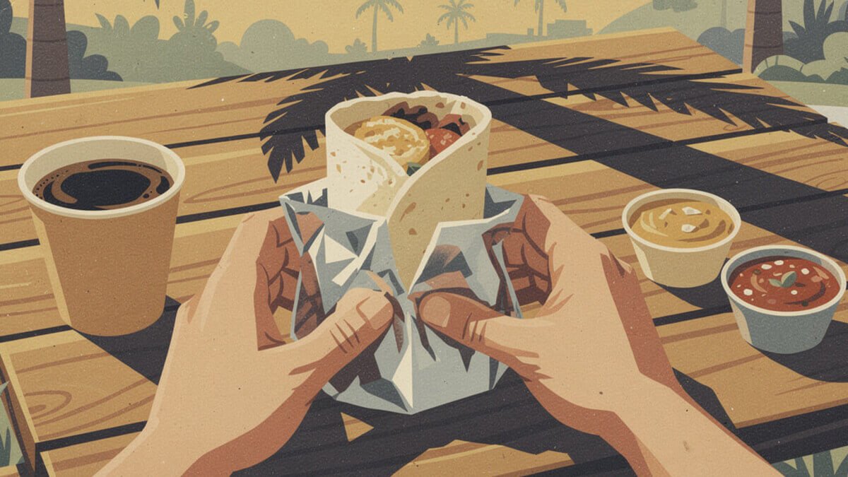 Hands unwrapping a foil breakfast burrito at a picnic table with coffee and salsa cups
