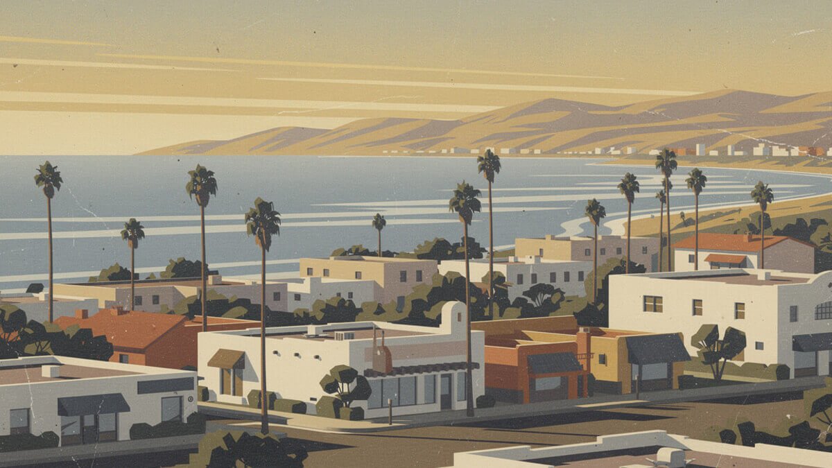 Illustrated San Diego coastal neighborhood at morning with palm trees and the bay beyond