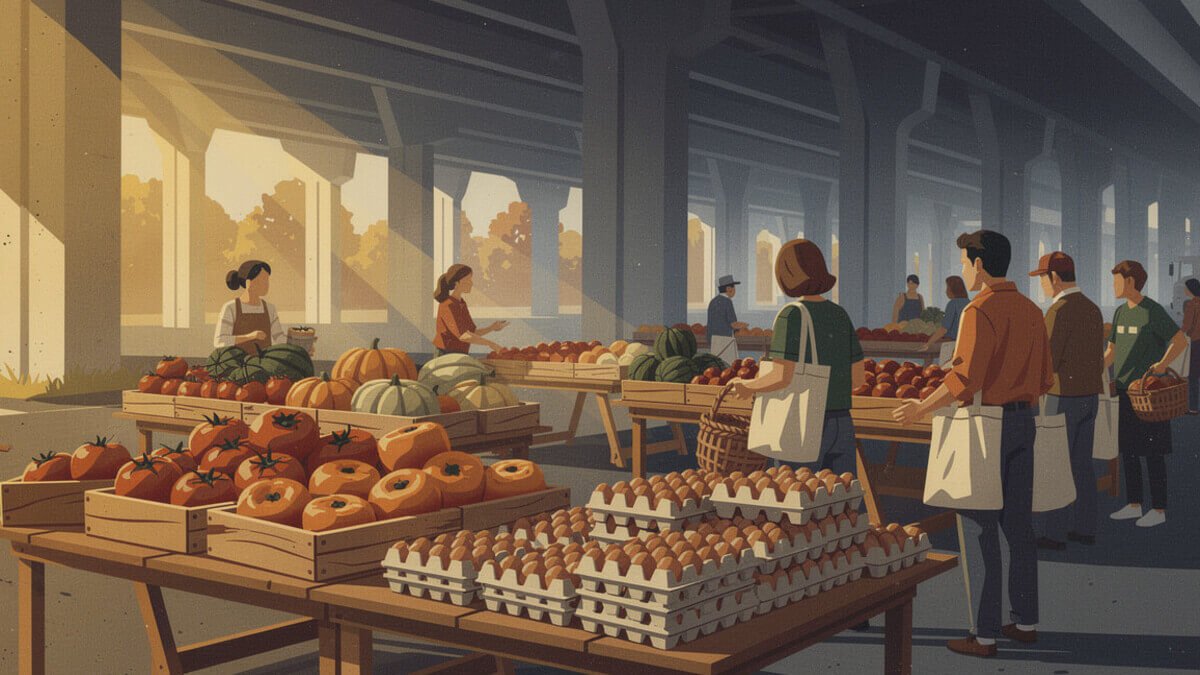 Tomatoes, persimmons, squash, and cartons of eggs at a Sunday farmers market under a Sacramento freeway overpass