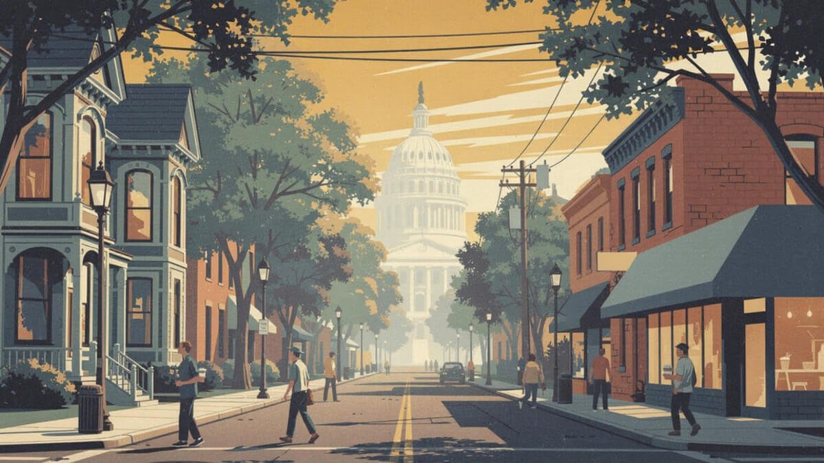 A tree-lined Midtown Sacramento street in the morning, with Victorians, brick storefronts, and the Capitol dome down the block