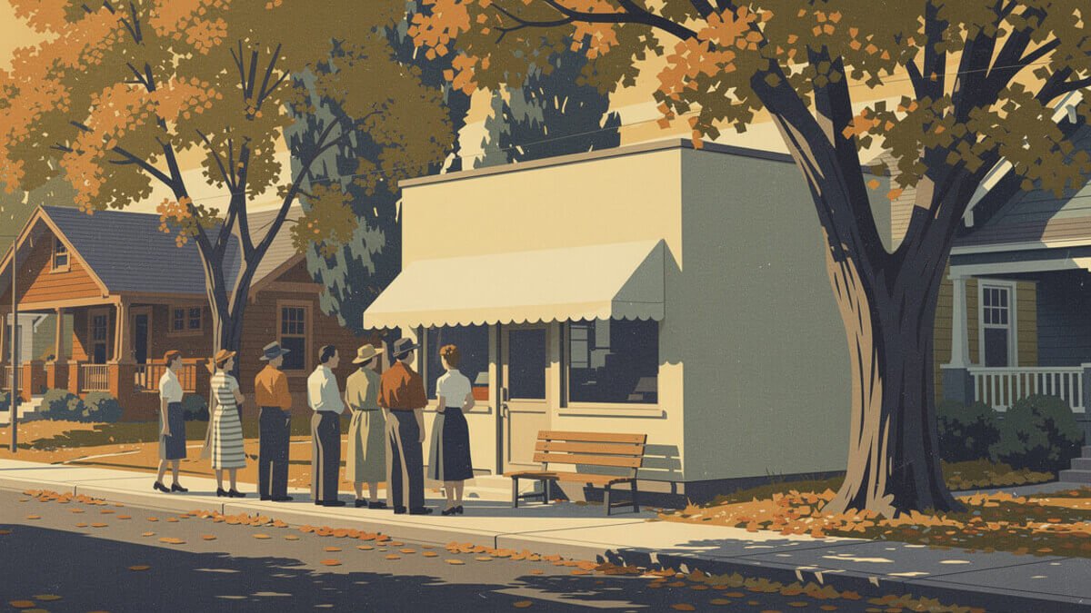 Locals waiting outside a small corner breakfast cafe on a tree-lined East Sacramento street in autumn