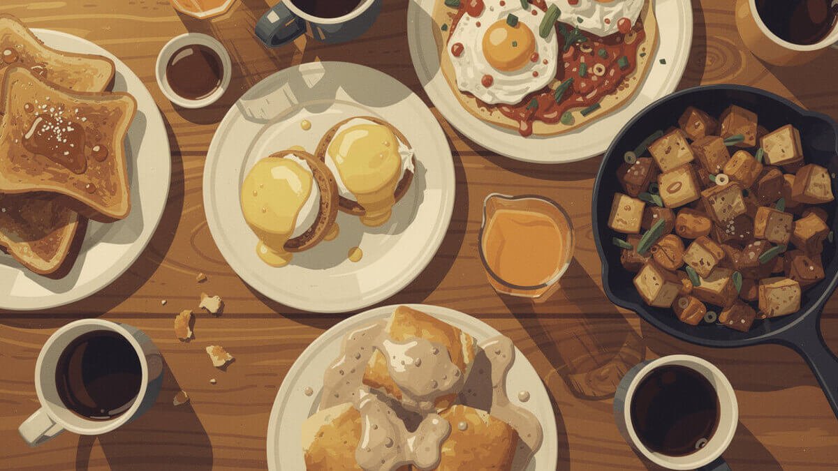 A Sacramento breakfast table with French toast, eggs Benedict, huevos rancheros, a skillet hash, and biscuits and gravy