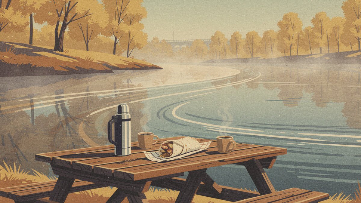 A breakfast burrito, a thermos, and coffee on a picnic table by the river in autumn in Sacramento