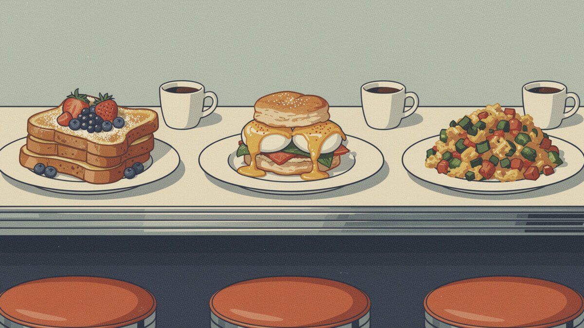 Three breakfast plates on a diner counter: French toast with berries, a biscuit Benedict, and a vegetable scramble
