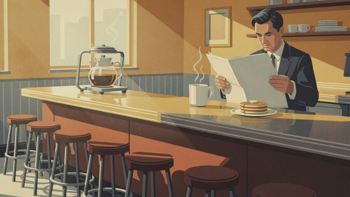 A quiet weekday morning at a breakfast counter, one diner with coffee, pancakes, and a newspaper