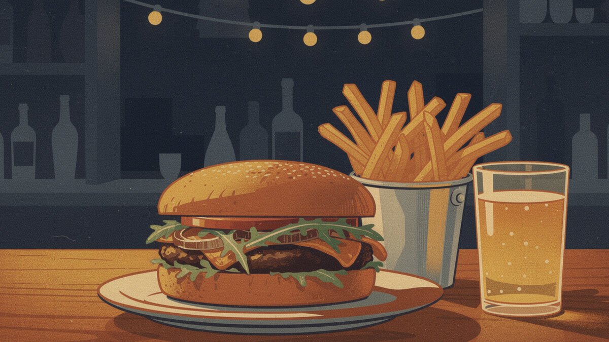 Bar burger with caramelized onions and arugula in a Los Angeles bar