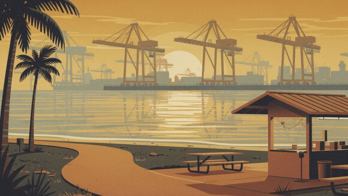 Long Beach waterfront at sunset with port cranes and a beach burger shack