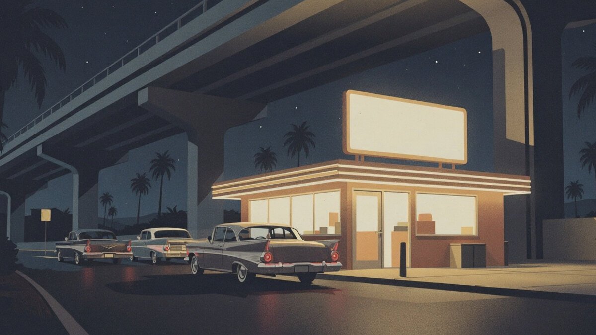 Southern California drive-through burger stand under a freeway at night