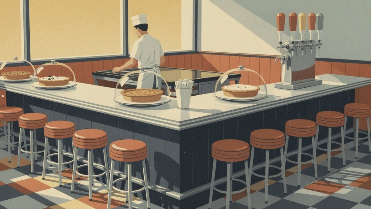Old-school Los Angeles burger counter with stools and pies under glass