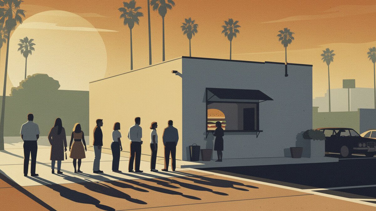 Line outside a walk-up burger window in Los Angeles at golden hour