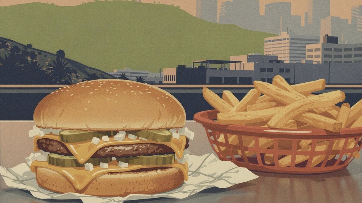 Double cheeseburger and fries at a Los Angeles burger counter