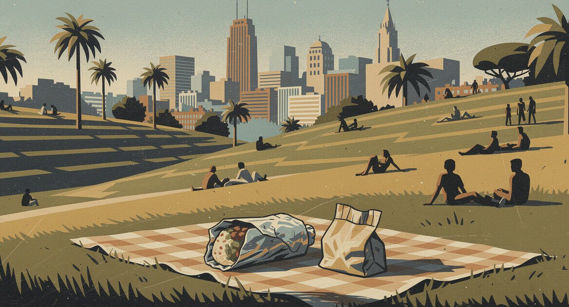 Burrito picnic in Dolores Park with the San Francisco skyline