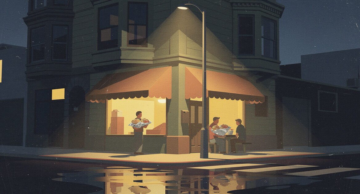 Late-night taqueria corner in the Mission District