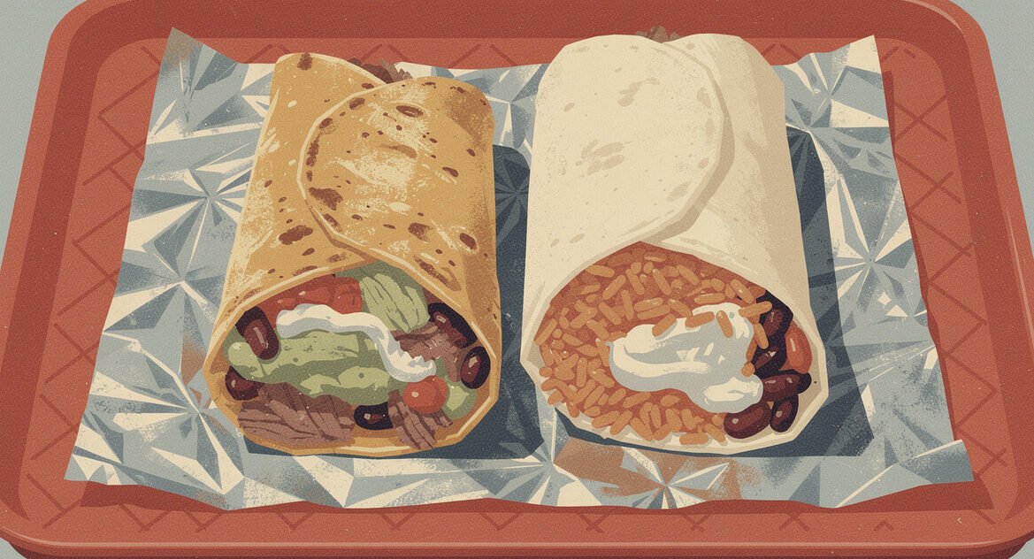 Rice-less dorado burrito next to a rice-packed Mission burrito