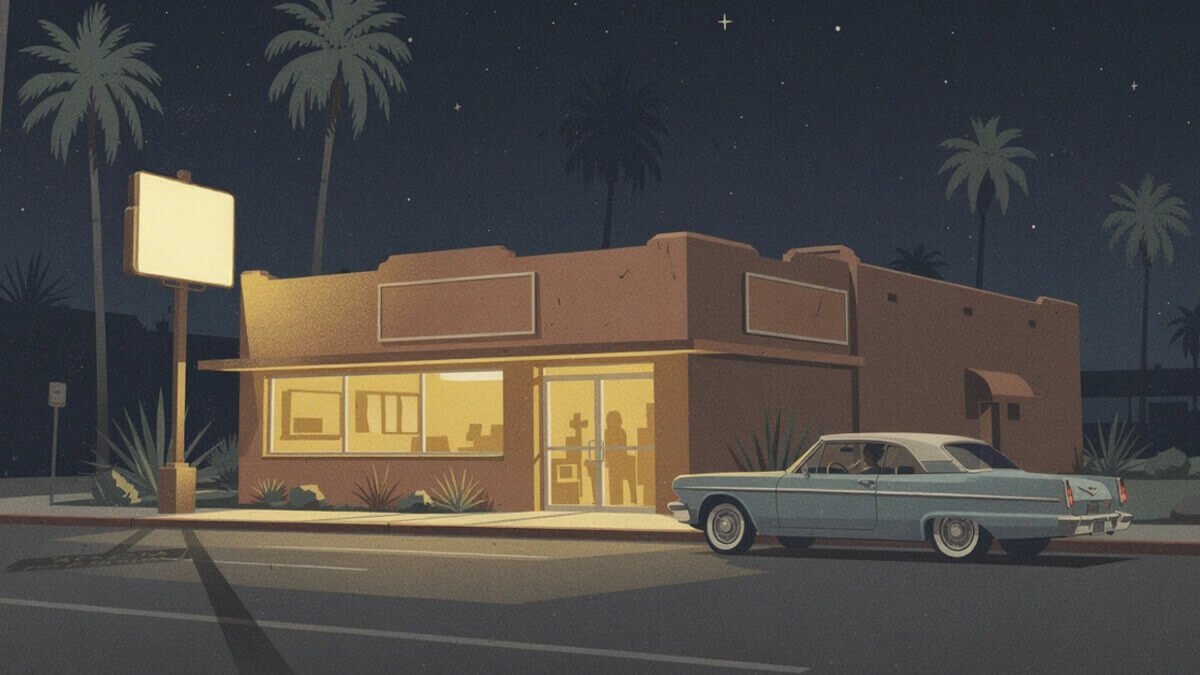 A 24-hour San Diego taco shop glowing at 2 a.m. with a car parked out front