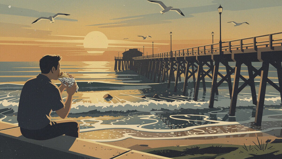 Eating a foil-wrapped burrito on the seawall at sunset by a San Diego pier