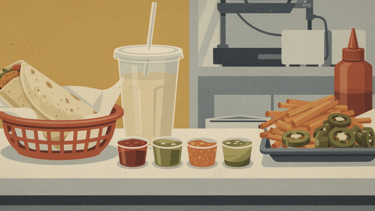 A San Diego taco shop order: burrito in a red basket, horchata, salsas, and pickled jalapeños